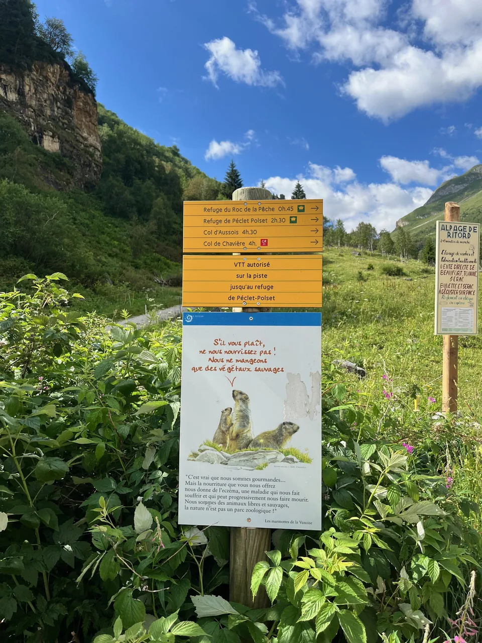 Panneaux directionnels vers le Refuge du Roc de la Pêche et rappel de ne pas nourrir les marmottes