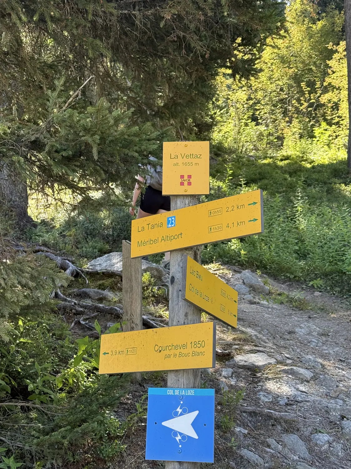 Poteau directionnel jaune à La Vettaz indiquant La Tania, Méribel Altiport et Courchevel 1850