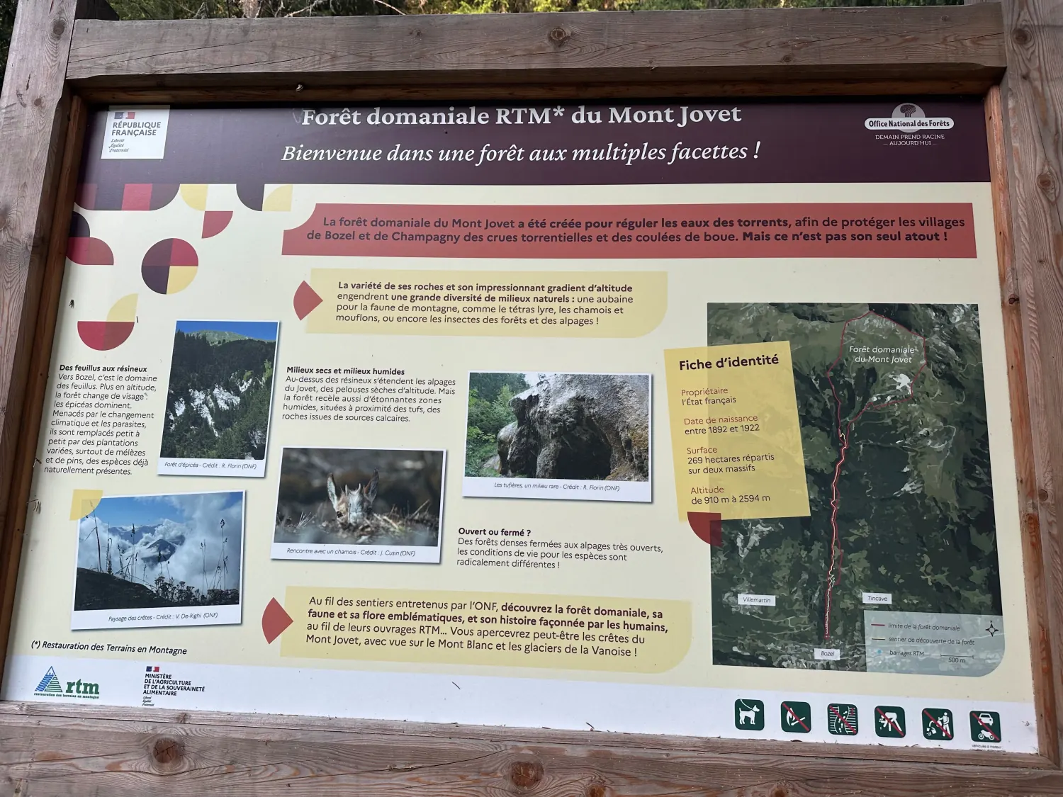 French Forestry Commission information board about the Mont Jovet RTM state forest above Bozel
